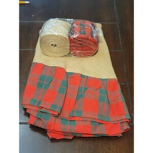 NWT Burlap & Plaid Christmas Tree Skirt & 2 Ribbons